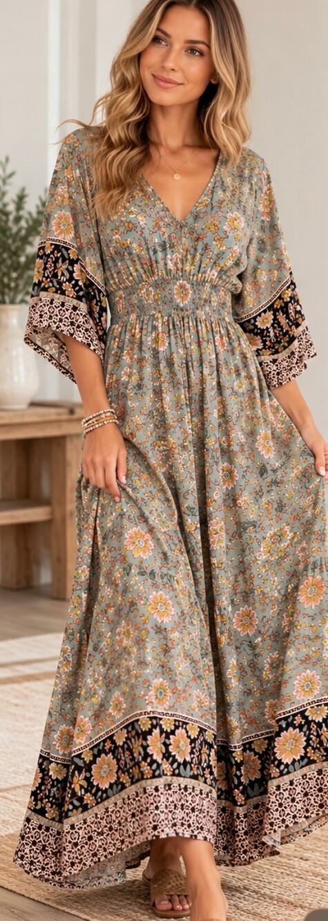 Love Stitch Boho Floral Maxi Dress Smocked Waist Open V Back Size Small